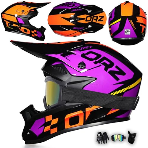 MODRYER Caschi da Motocross ATV Bambini Adulti MTB Fuoristrada Moto Casco da Motociclista con Occhiali Guanti E Maschera, Casco Cross per Enduro BMX Downhill Quad Strada Dirt Bike,Purple-XL