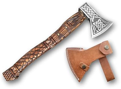 Novahaven Thorvald Hacha de lujo forjada a mano de madera de fresno inglesa, hoja de acero al carbono con grabado vikingo | camping, caza y ocio