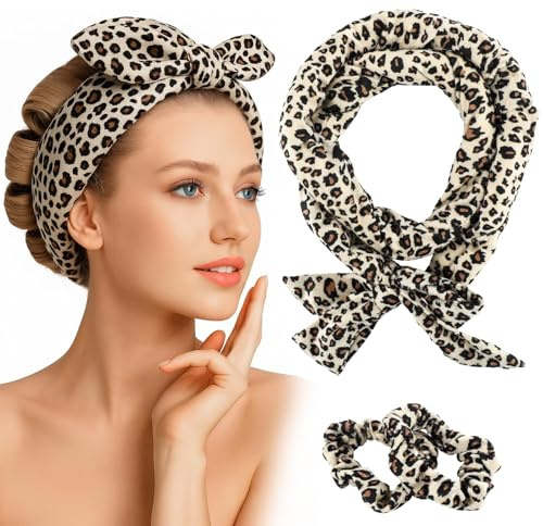 Lockenwickler Über Nacht, Heatless Curls Samt Rutschfest Lockenband Haarband Locken Ohne Hitze mit Haarnadel Lotta Curls DIY Hair Curler Rollers für Langes Mittleres Haar (Leopardenmuster)