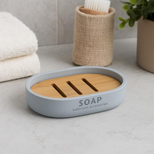 Chic Light Blue Soap Dish with Draining Bamboo Insert - Versatile Soap Bar Holder for Bathroom and Kitchen Sink