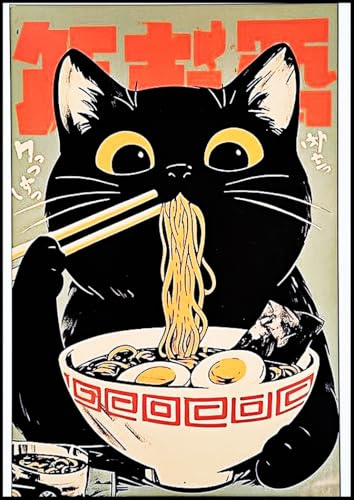 KUSTOM ART Wand- oder Tischbild, Serie Tiere, japanischer Stil, schwarze Katze, Kuro Neko mit Ramen, Kunstdruck auf Holz, 30 x 21 cm