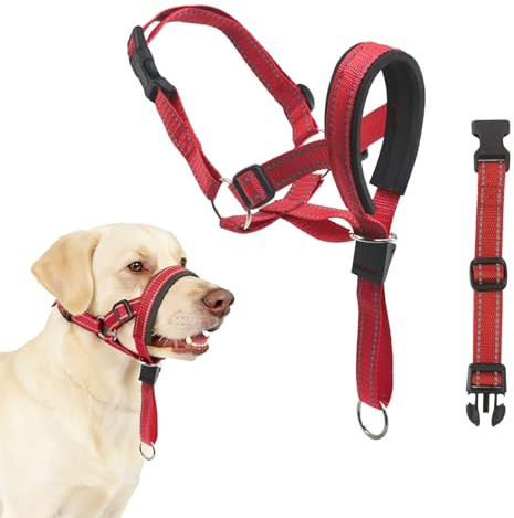 LUFFLOK Dog Head Collar with Soft Padded, Adjustable & Reflective Head Collar for Dogs, Head Harness for Dogs to Anti Pulling, Anti-bite Headcollars Gentle Leader for Dog Muzzle (Red, L)