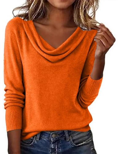 Pull tendance à manches longues et col bénitier pour femme - Couleur unie - Coupe ample - Confortable et élégant - Chemisier de sortie 2026, Orange, S