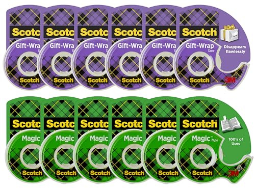 Scotch Gift Wrap Tape & Magic Tape Bundle – 12 Rolls (6 Gift Wrap + 6 Magic), 3/4 in x 650 in Each, with Dispensers
