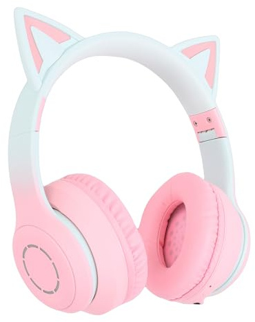 YUEHISY Kabelloses Gaming-Headset mit Mikrofon, Bluetooth 5.3 und AUX-Kabel für PC Switch, LED-Licht-Katzenohr-Kopfhörer, Faltbar mit 15-Stunden- (PINK)