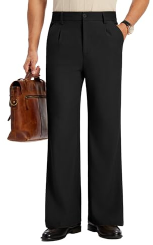 Susclude Mens Wide Leg Dress Pants Flared Bootcut Casual Baggy Pleated Pants Loose Fit Elastic Waist Vintage Trousers Black