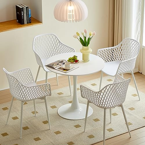 DazzlerE Mesa de Comedor Redonda con 4 sillas, Conjunto de Muebles para Balcones pequeños, Muebles de salón de Exterior, Mesa Blanca (Ø 80 cm) + 4 sillas Blancas
