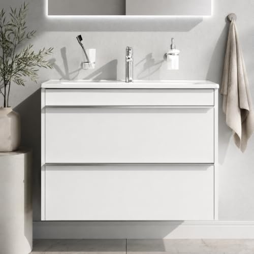 AM.PM HIT – Wandhängender Waschtischunterschrank mit integriertem Waschbecken, Badmöbel-Set für Gäste-WC & Badezimmer, 2 Schubladen, Hochglanz Weiß (80/58 cm)