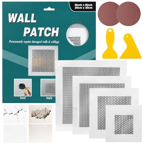 TRUEIN 12 Pcs Wall Repair Patch for Quick Fix Holes Cracks Ceilings | 2468 Self Adhesive Aluminum Mesh Plasterboard Repair Patch with Scrapers and 2 Sandpaper, Easy to Use, Maintenance Smooth