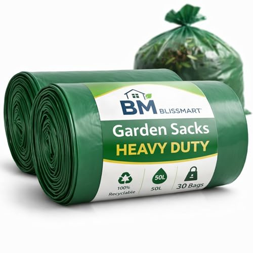 BLISSMART Garden Waste Bags 50L 30 Bags Heavy Duty Garden Waste Bags Extra Strong Leak Resistant Green Bin Bags Recyclable Waste Disposal Bags for Commercial & Household