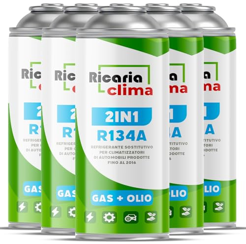 Ricaria Clima - Gas per climatizzatori auto – Sostituto R134a – per veicoli dal 1994 al 2016 – Ecologico – Non tossico – Resistente alla corrosione – 5 pezzi – 235 g per bomboletta