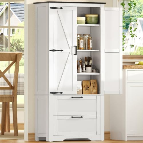 TEENFON 168 cm H Küchenschrank mit 2 Schubladen, Landhaus Mehrzweckschrank mit 2 Türen & Verstellbarem Einlegeboden, 60 cm B Vorratsschrank für Wohnzimmer, Bad & Küche - 60 x 30 x 168 cm - Weiß