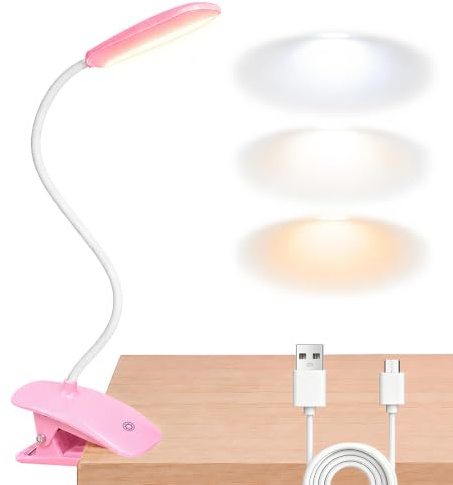 Clip on Light, 18 Led Rechargeable Book Light for Read in Bed, Pink | 360° Flexible, Eye Caring, 3 Color Modes, Touch Control, Bedside Lamp Lightweight, Clip on Lamp for Study/Book Lovers/Craft