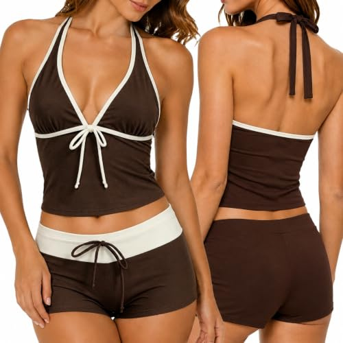 Maillot Bain Femme 2 Pieces Tankini avec Imprimé à Pois Rétro Y2K Tankini Bas Maillots Ventre Plat Haut Femme Maillot Bain élégant rembourré vêtements Plage Loisirs Short Débardeur Bikini Beachwear