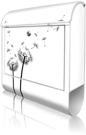 banjado Design Briefkasten 38,5x46,5x13cm & 2 Schlüssel - Briefkasten Stahl Weiß mit Zeitungsfach pulverbeschichtet - Postkasten A4 Einwurf inkl. Montagematerial - Motiv Pusteblume 2