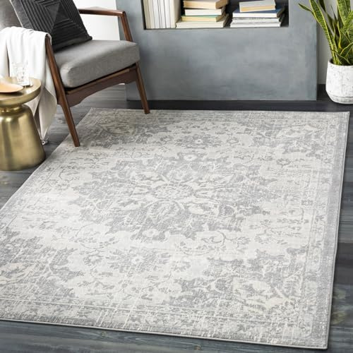 Livabliss Kubu Vintage Rug - pour Salon 160x220 cm, Chambre - Neutres scandinaves, Style bohème à Motifs Traditionnels, Poil Naturel Facile à Entretenir - Grand, argenté, Gris et Ivoire