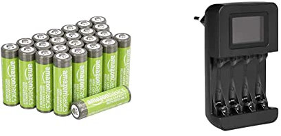 Amazon Basics Piles Rechargeables AA Haute capacité 2400 mAh (Lot de 24) - Pré-chargées & Chargeur de Piles numérique et Intelligent, pour 4 Piles AA, AAA