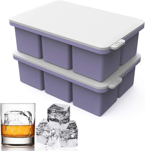 Mossime Large Ice Cube Moulds - 2 Packs Extra Large Ice Cube Tray with Lid, 2 Inch Easy Release Silicone Ice Cube Trays, BPA Free Big Ice Cube Mould for Whiskey & Cocktail Square Ice Cubes (Purple)