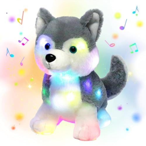 Hopearl Lumière musicale LED Husky remplie sur chien en peluche chantant - Volume réglable - Pour se reposer, apaiser - Cadeau d'anniversaire pour enfants garçons et filles - Gris - 30,5 cm