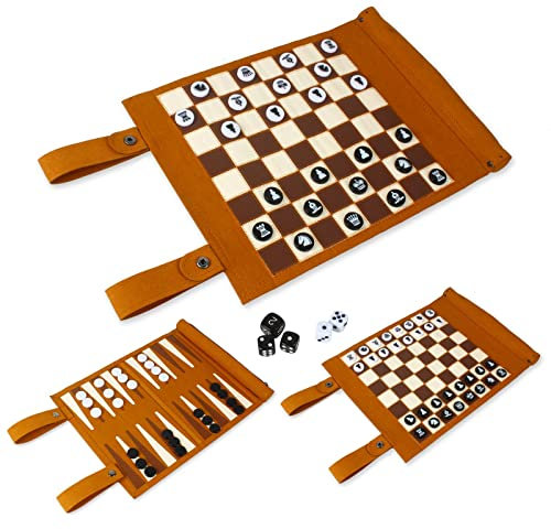 Andux Rollbares 3-in-1-Schach-Backgammon-Brettspiel, tragbares Mikrofaser-Schachspiel PGSLQ-01 (Braun)