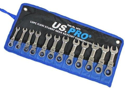 US PRO Tools 12pc Metric Stubby Flexi Ring Gear Ratchet Spanner Wrench Set 8-19mm 3476