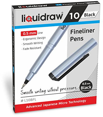 Liquidraw Black Fineliner Pens - 10 Set | Fine Point 0.5 mm Tip | Storage Wallet | Black Coloured Pens For Artists, Handwriting, Drawing, Calligraphy, Sketching | Ergonomic Design | Fade Resistant Ink