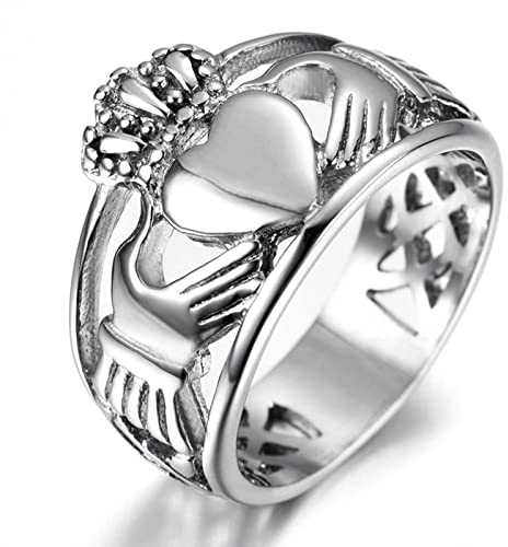 Whoiy Herren Ring Silber, Ring Männer Party Edelstahl Claddagh Ring Krone und Herz 15mm Größe 57 (18.1) Zum Valentinstag Jahrestag
