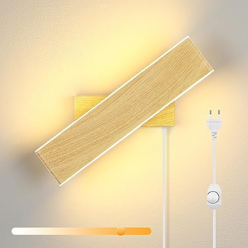 ENCOFT LED Aplique Pared con Enchufe Interior 12W 31cm Apliques Madera, Lampara Pared Regulable y Giratoria de 330° Up Down Luz Iluminación de Pared LED Interior en Aluminio 3000K