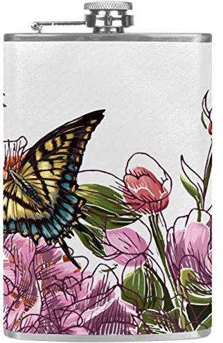 Flasque avec entonnoir Flacons personnalisés,papillons floraux,Petit flacon portatif en acier inoxydable pour l'alcool