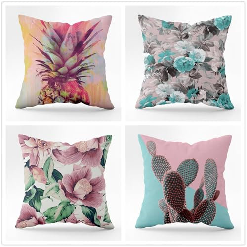 Juego de 4 Flores de colores Cactus Fundas de Cojines,Moderno Cuadradas Cojines 35x35cm,Fundas de cojín Terciopelo Decorativas Suaves Transpirables para Jardín Sala de Estar Sofá Mueble Exteriores