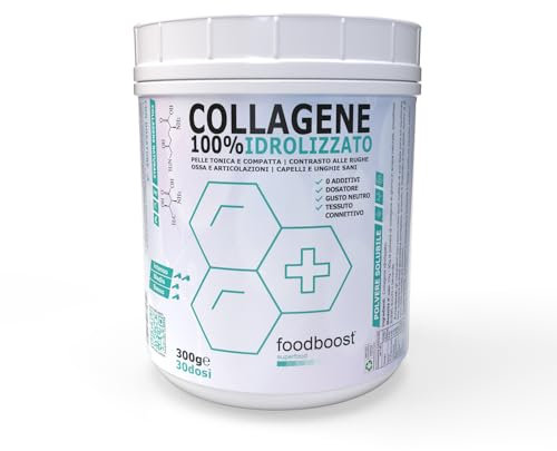 foodboost Collagene in Polvere 300g – pelle elastica, capelli, unghie, articolazioni, tessuto connettivo – Neutro, 100% Naturale