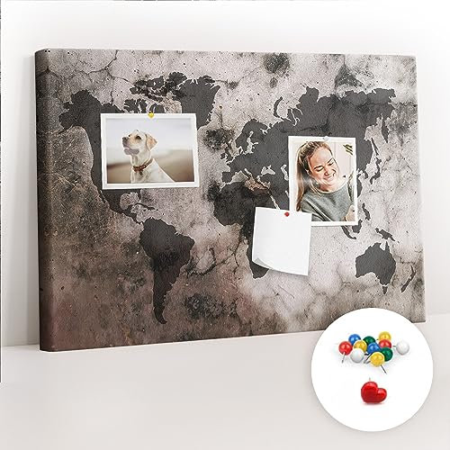 Tulup Kork Pinnwand für Zimmer Reise-Tracker mit Aufdruck 60x40 cm Leinwand Tourkarte - Weltkarte konkret