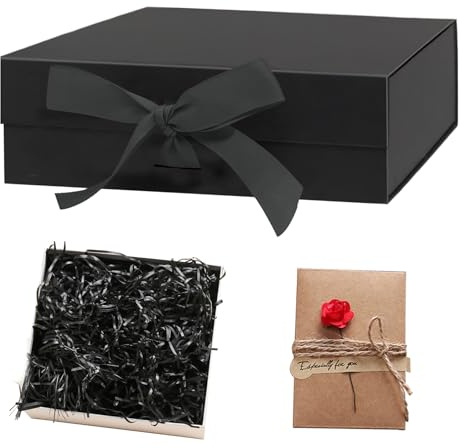 Idota Geschenkbox mit Deckel, Geschenkschachtel Schwarz Magnetische Geschenkboxen mit Schleifenband, Grußkarten, Füllmaterial, Geschenkboxen für Hochzeit Geburtstag Weihnachten Jubiläum (Schwarz-L)