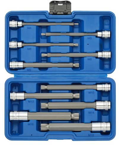 EMENTOL Juego de 10 llaves de vaso extra largas XZN de 3/8 pulgadas y 1/2 pulgadas, acero CR-V, S2, juego de brocas de 5.9 pulgadas de longitud, M4 - M16, MT14 - MT18