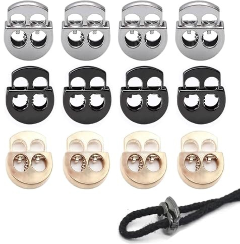 JDCMEI 12 Stück Kordelstopper, Kordel Stopper mit 2 Loch Rostfreie Feder Metall Metall Schnurschlösser Doppel Loch Kordelschlösser für Kleidung, Schuhe, Shorts, Rucksack, Kordelzug, Zelt
