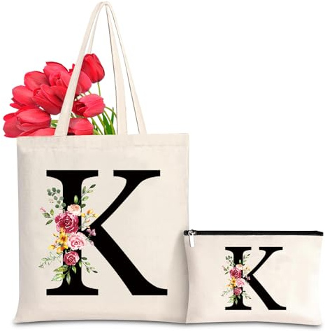 Baumwolltasche personalisiert mit Namen, Frauen Initialen Einkaufstasche Geschenk Tragetasche und Kosmetiktasche für Damen Freundin Mama Geburtstag, Hochzeit, Valentinstag, Muttertag Tasche(K)