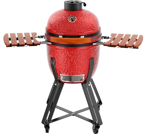 ROOMTEC Kamado Barbecue au charbon de bois de 45 cm avec couvercle, barbecue de camping portable avec chariot et étagères latérales, barbecue de table pour fête à la maison et cuisine en plein air