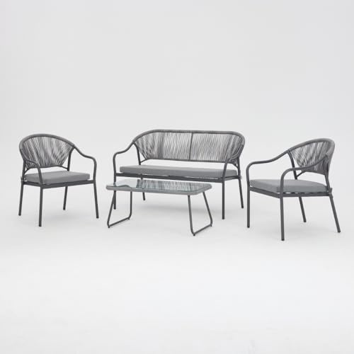 Home Detail Sona Garden Rope Lounge Set, 4 Seater Scandinavian Wicker Outdoor Garden Furniture with Glass Table Top, Grey