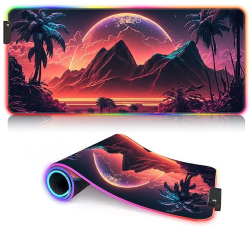 Tapis Souris XXL Synthwave Neon Palms RGB Souris Laser/Optique XXL (35,4 x 15,7 x 0,12 Pouces) Tapis Souris à Base Caoutchouc antidérapant Long 9 Couleurs statiques et 3 dynamiques