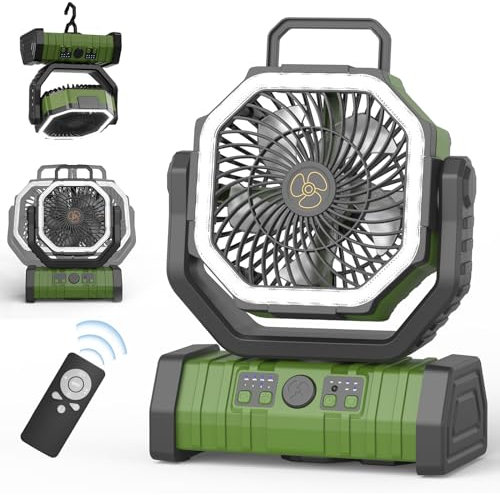 Richday Ventilatore da campeggio 20000mAh Ventilatore silenzioso 4 velocità da tavolo 270° rotazione Ventilatore USB Luce LED esterno per uffici camera da letto tenda campeggio