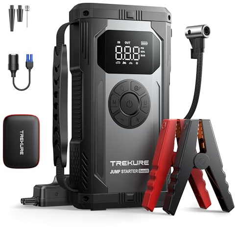 8-in-1 Booster Batterie Voiture avec Gonfleur 150PSI, 23800mAh Démarreur Batterie Voiture(Tous Gaz ou 10L Diesel), 12V Jump Starter avec Écran, 500 Lumens LED, 160W DC Sortir, Double 18W Rapide Charge