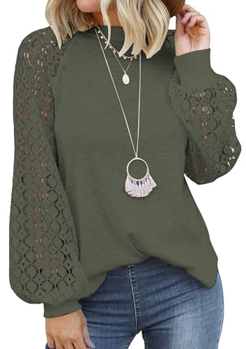 Zeagoo Dam elegant blus långärmad rund hals t-shirt raglan spetsärmar toppar casual blusar skjorta höst tunika topp, Armégrön, S