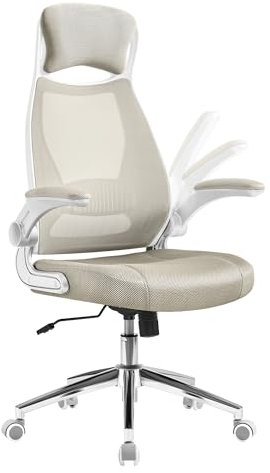 SONGMICS Sedia da Ufficio, Poltrona Girevole, con Braccioli Ribaltabili, Poggiatesta e Supporto Lombare, Inclinazione ad Oscillamento, Superficie in Rete, Beige Cappuccino OBN086K01