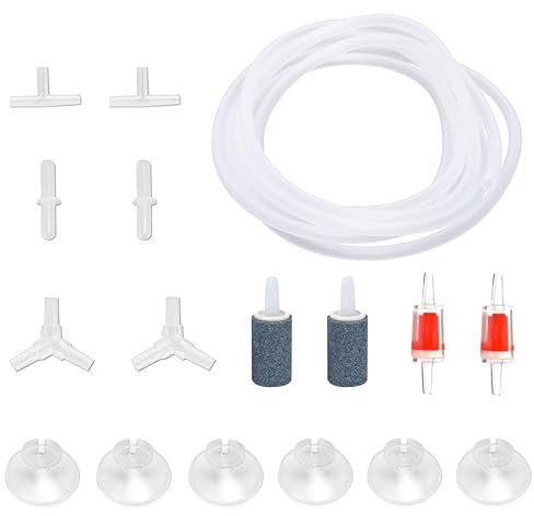DeKago 15 Feet Airline Tubing Standard Kit- Aquarium Air Pump Accessories with Grey Air Stone Cylinders, Check Valves, Suction Cups and Connectors for Nano Air Pumps Small Buckets and Fish Tank