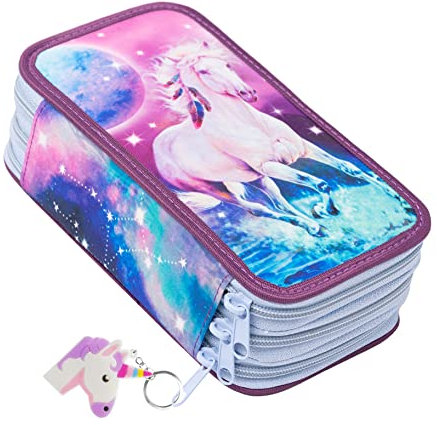 Ferocity Mäppchen Federtasche 3 Fach Federmäppchen Schüleretui Schlamperbox Stiftemappe mit 3 Reißverschluss-Fächern Mond Pferd [150]