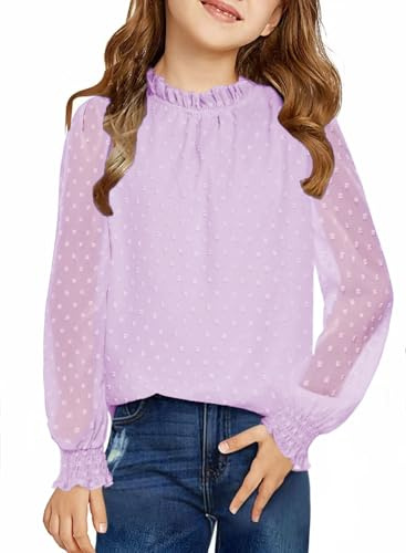 Arshiner Filles Chemise à Manches Longues Mousseline Enfants Point Poignets Plissés T-Shirt Élégant Loisirs Automne Hiver Chemisier pour Fille 4-13 Ans