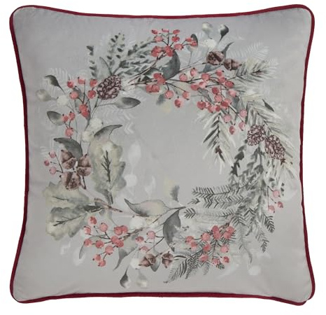 Dreams & Drapes - Cuscino con ghirlanda di Natale (43 x 43 cm) - Imbottitura inclusa - Bordo bordato rosso - Bacche di agrifoglio di Natale verdi con fodera inclusa/inserto cuscino - Copripiumino