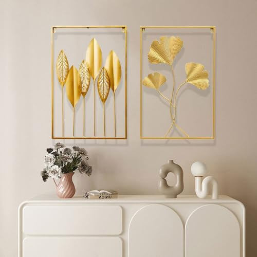 JILIP 2er Set Wanddekoration Aus Metall Mit Blättern, Goldene Metallkunst Wandskulptur, Kunstvolle Wandskulpturen Aus Eisen Zum Aufhängen für Büro und Toilettenräume