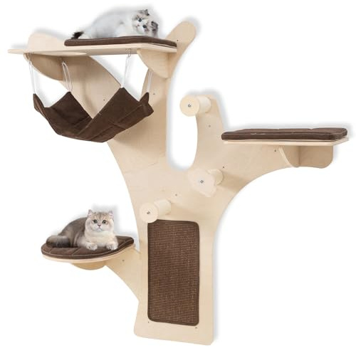 COSTWAY Wall-Mounted Cat Tree, 150cm Multi-level Cat Climbing Tower with 3 Platforms, Washable Cushions, Hammock, Sisal Scratching Posts & Mat, Modern Wood Kitten Activity Centre for Indoor Cats