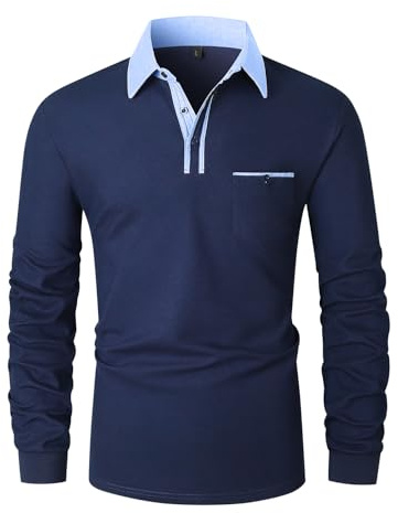 VHUQGVU Poloshirt Herren Langarm Baumwolle Basic Klassische Kontrastfarbe Streifen Stitching Casual Männer Hemd Golf Sport T-Shirt,Blau YT43,M